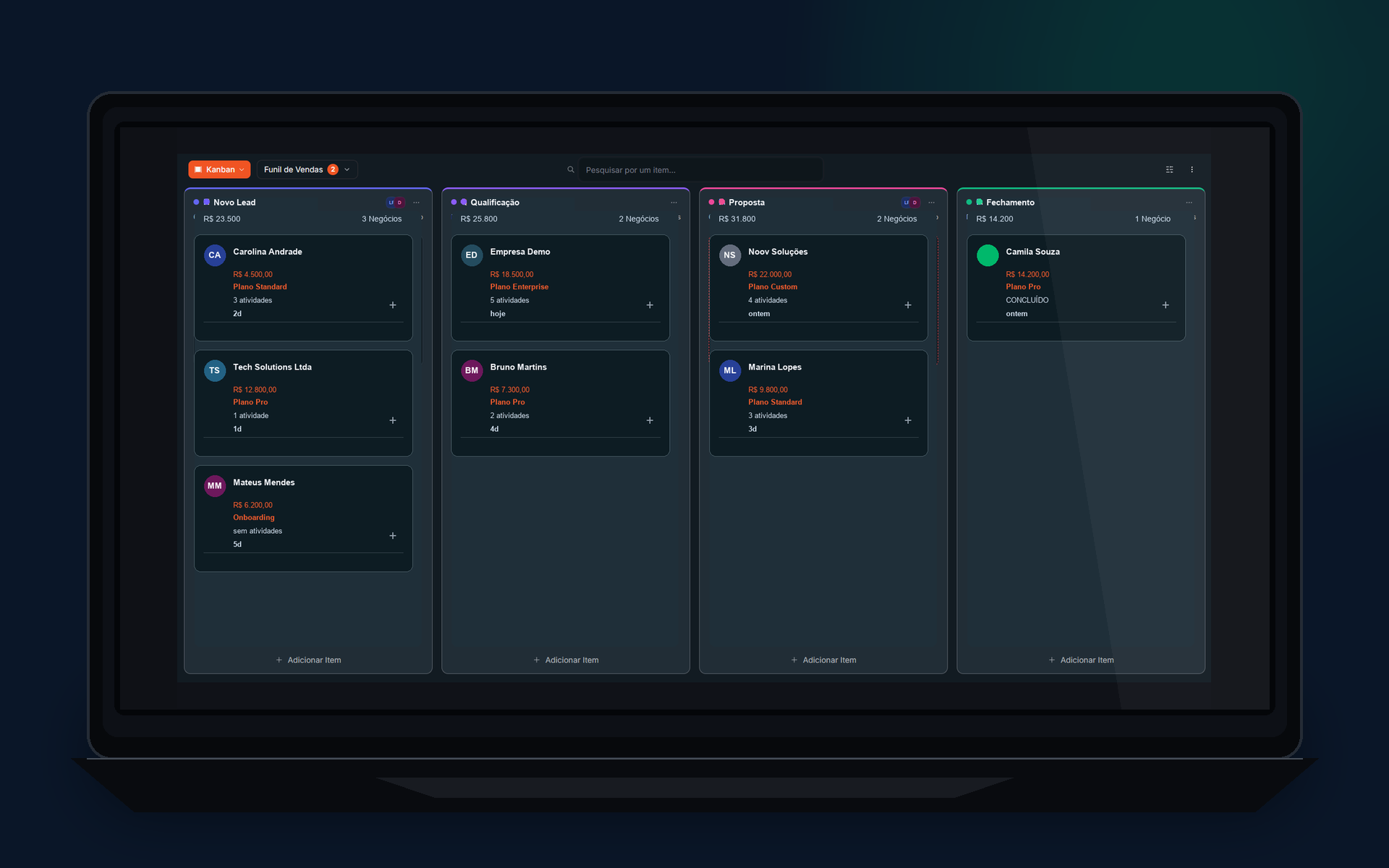 Kanban Comercial com funil de vendas